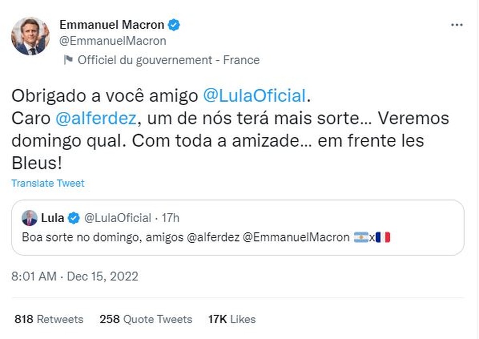 O presidente da França, Emmanuel Macron, conversa com o presidente eleito do Brasil, Lula, sobre a final da Copa do Mundo — Foto: Reprodução/Twitter