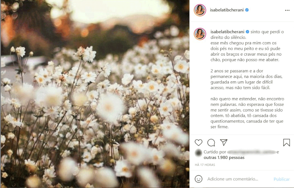 Isabela Tibcherani usou seu Instagram para dizer que "2 anos se passaram e a dor permanece aqui" a respeito dos assassinatos do então namorado Rafael Miguel e de seus sogros em 9 de junho de 2019 — Foto: Reprodução/Redes sociais
