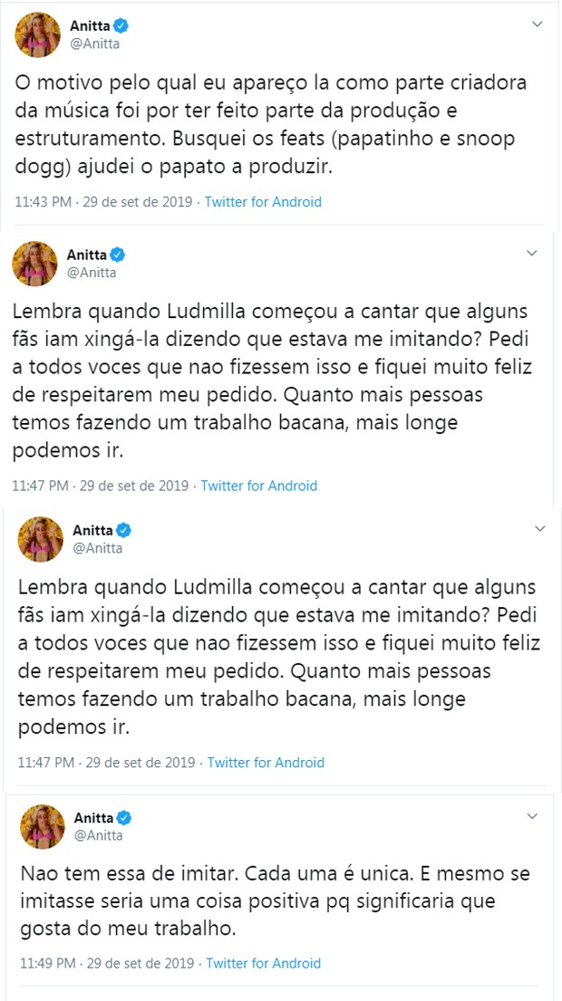 Anitta pede para fãs não atacarem Ludmilla (Foto: Reprodução/Twitter)