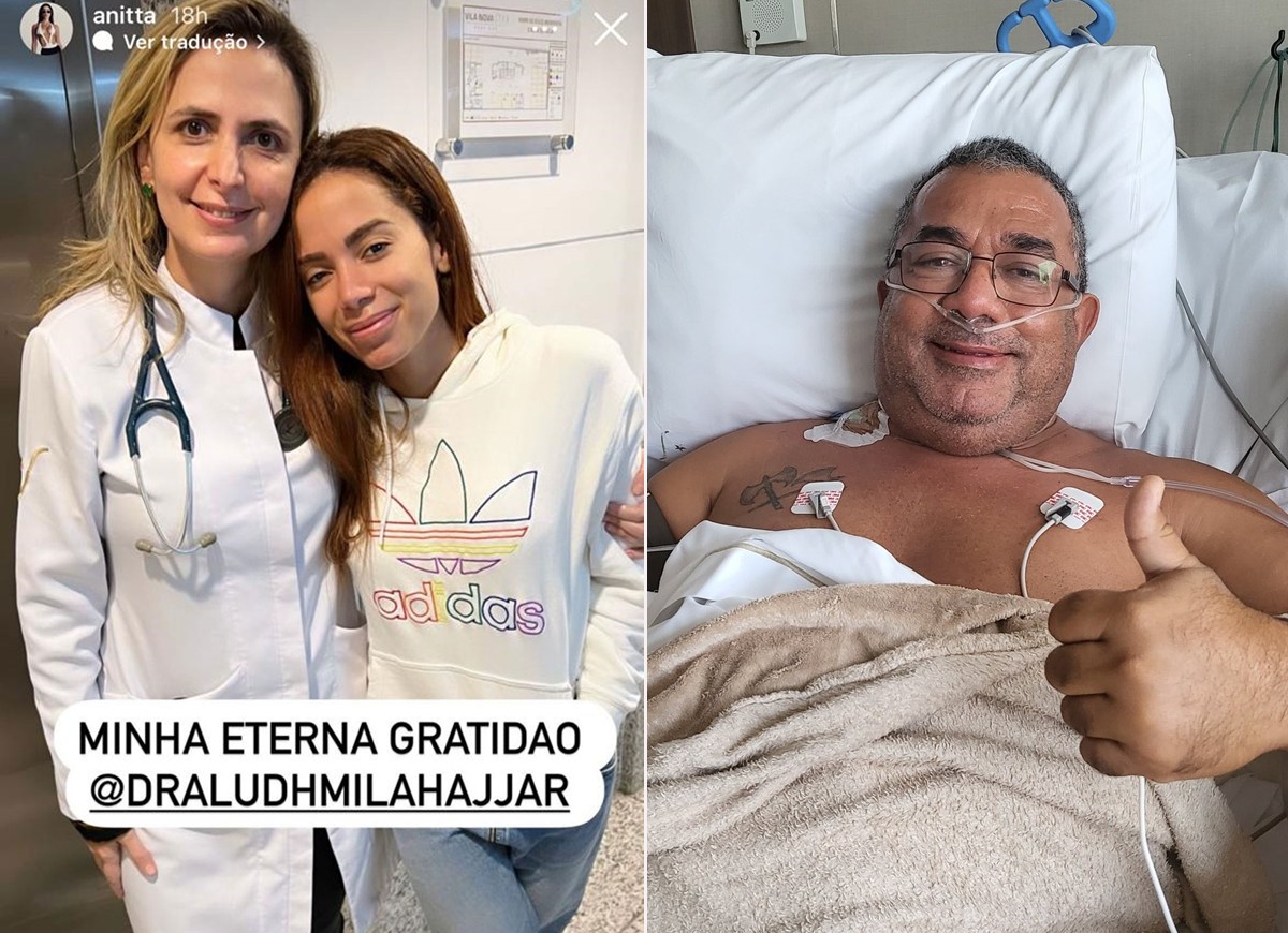 Anitta com a médica Ludhmila Hajjar e Mauro Machado em sua cama de hospital (Foto: Reprodução Twitter e Instagram)