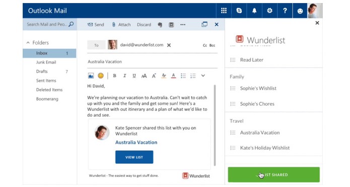 Outlook.com permite acessar as listas do Wunderlist pela caixa de entrada (Foto: Divulgação/Microsoft)