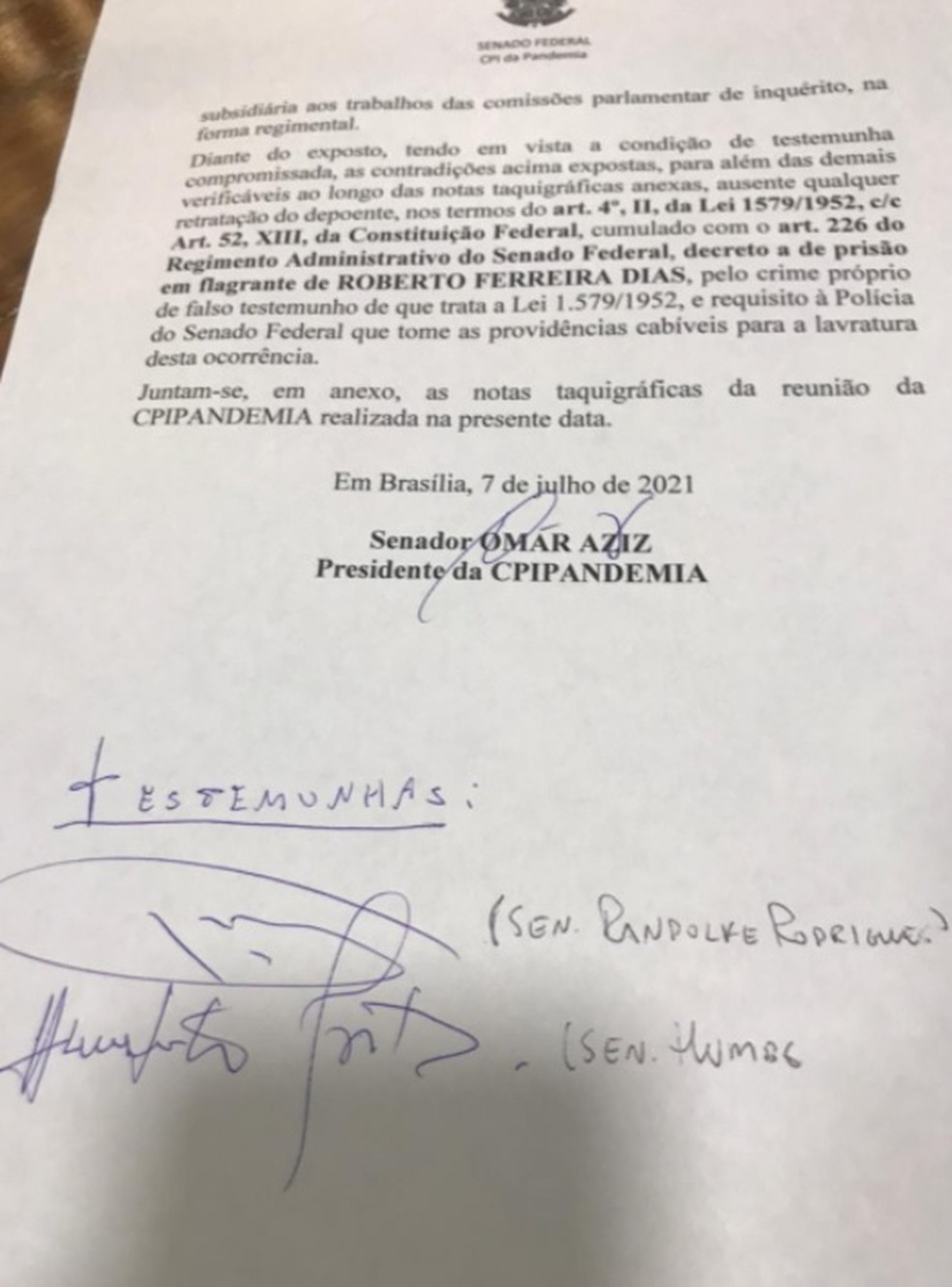 Ato de prisão de Roberto Dias, assinado pelo presidente da CPI, Omar Aziz (PSD-AM) — Foto: Reprodução