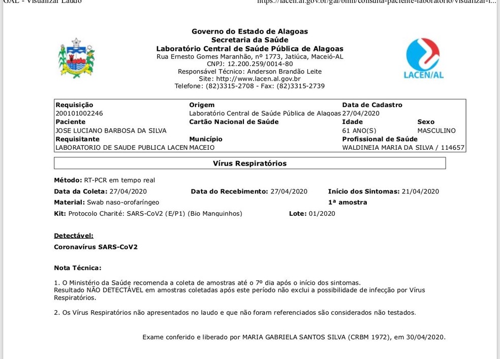 Teste para Covid-19 do vice-governador de Alagoas e secretário de Estado da Educação, Luciano Barbosa — Foto: Reprodução/Twitter
