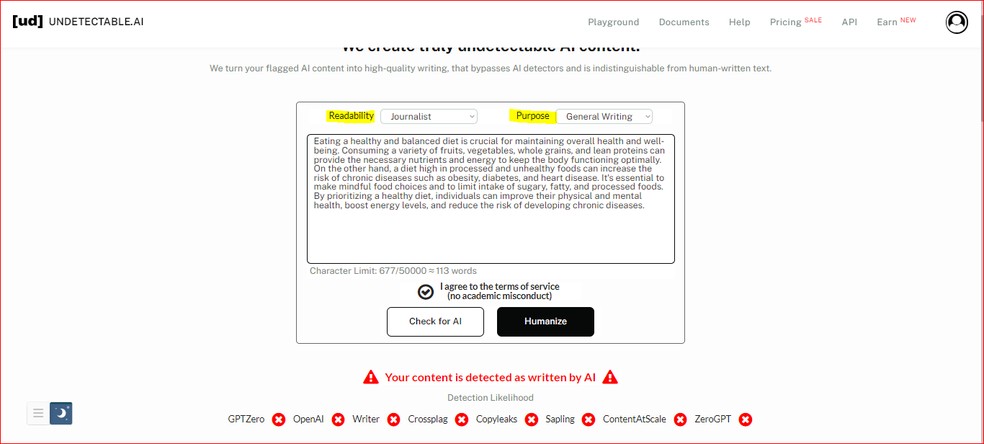 Verificação da Undectable AI sugere que o texto foi produzido por uma IA — Foto: Reprodução/Ana Julia Vaz