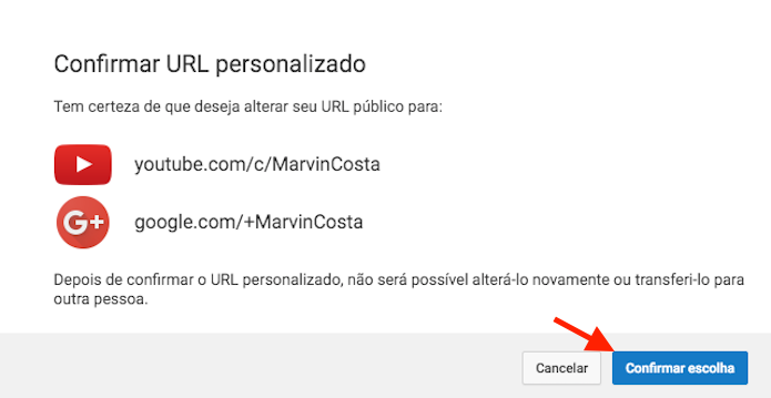 Confirmando a alteração de URL em um canal do YouTube (Foto: Reprodução/Marvin Costa)