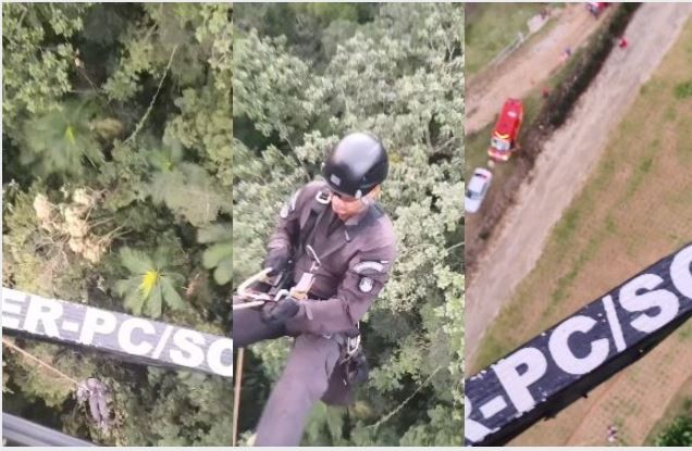 Visitantes se perdem em acesso para cachoeira e são resgatados de helicóptero em SC; VÍDEO