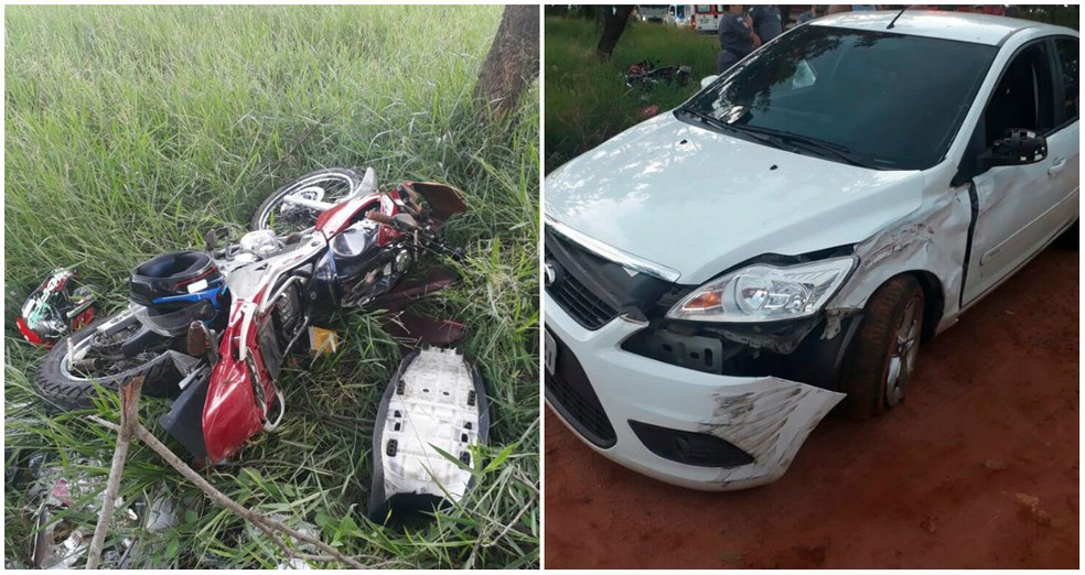 Moto colidiu contra carro na SP-225 em Pirassununga no sábado (Foto: Repórter Naressi)