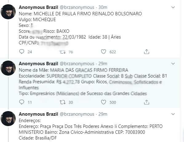 Anonymous Brazil divulga dados da primeira-dama Michelle Bolsonaro (Foto: Reprodução / Twitter)