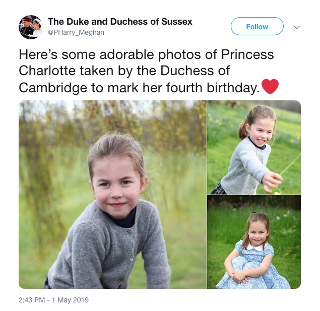 Os parabéns do Príncipe Harry e da atriz e duquesa Maeghan Markle para a sobrinha que foram alvo de críticas nas redes sociais (Foto: Twitter)