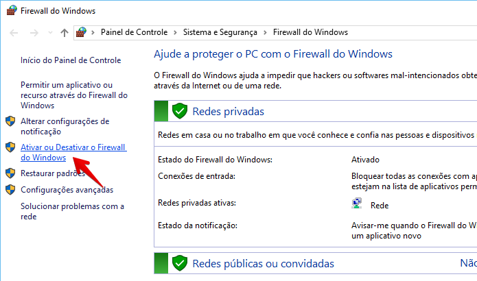 Janela de configurações do firewall do Windows 10 (Foto: Reprodução/Helito Bijora) 
