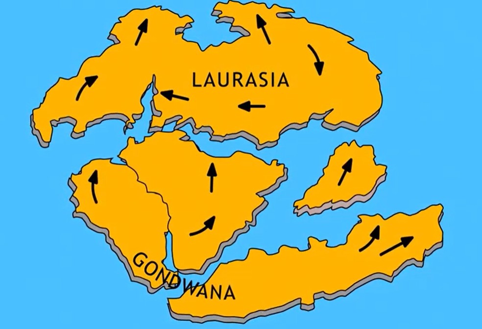 O supercontinente Gondwana unia América do Sul, África, Índia, Antártica e Austrália. — Foto: Reprodução