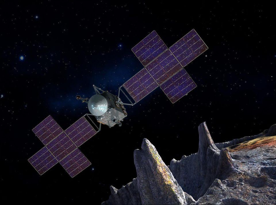 Ilustração de como será a missão Psique na NASA, na qual a sonda deve explorar o asteroide em busca de dados sobre a sua formação  (Foto: NASA/JPL-CALTECH/ARIZONA STATE UNIV./SPACE SYSTEMS LORAL/PETER RUBIN)