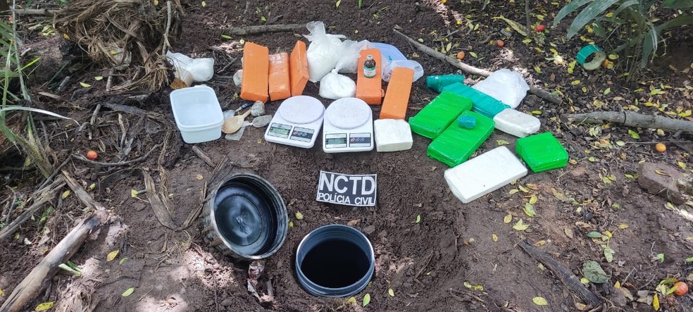 Parte da droga encontrada estava enterrada em terreno, na região do Crato, no Ceará. — Foto: Polícia Civil 