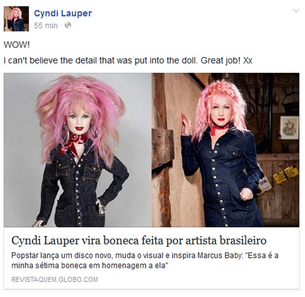Cyndi Lauper elogia trabalho de Marcus Baby em post no Facebook (Foto: Reprodução)