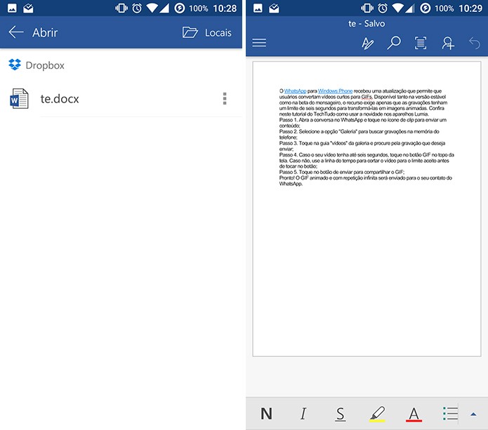 Office para Android salvará automaticamente o documento editado (Foto: Reprodução/Elson de Souza)