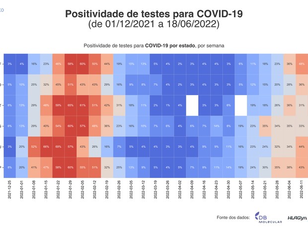 Positividade de testes de Covid-19 por estado entre 1 de dezembro de 2021 a 18 de junho de 2022 (Foto: ITpS)