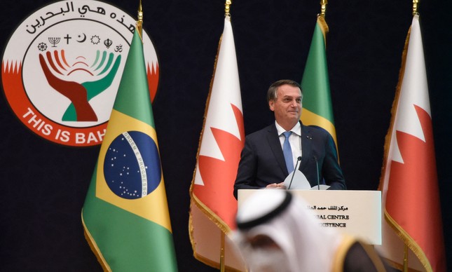 O presidente brasileiro, Jair Bolsonaro, em pronunciamento durante cerimônia em Manama, capital do Bahrein