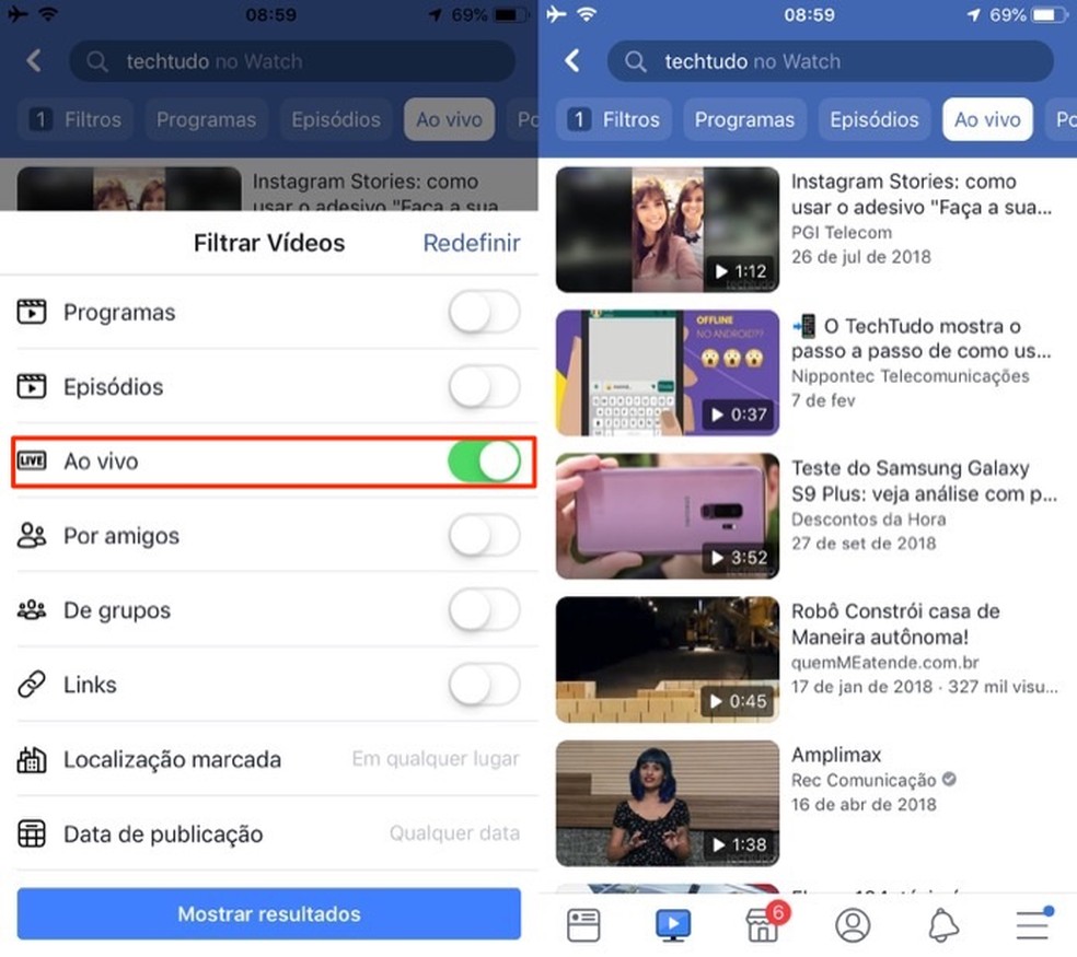 Ação para buscar por vídeos ao vivo no Facebook Watch para iPhone — Foto: Reprodução/Marvin Costa