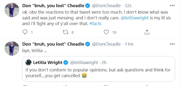 O ator Don Cheadle deu uma bronca na colega Letitia Wright e depois amenizou a puxada de orelha dada na amiga (Foto: Twitter)