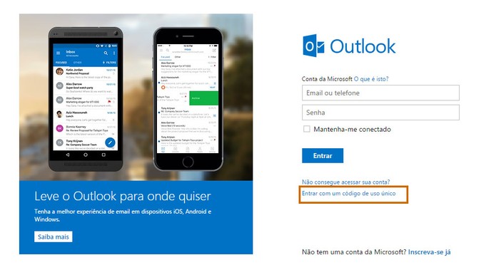 Acesse a tela de login do Outlook.com e selecione o item de código único (Foto: Reprodução/Barbara Mannara)