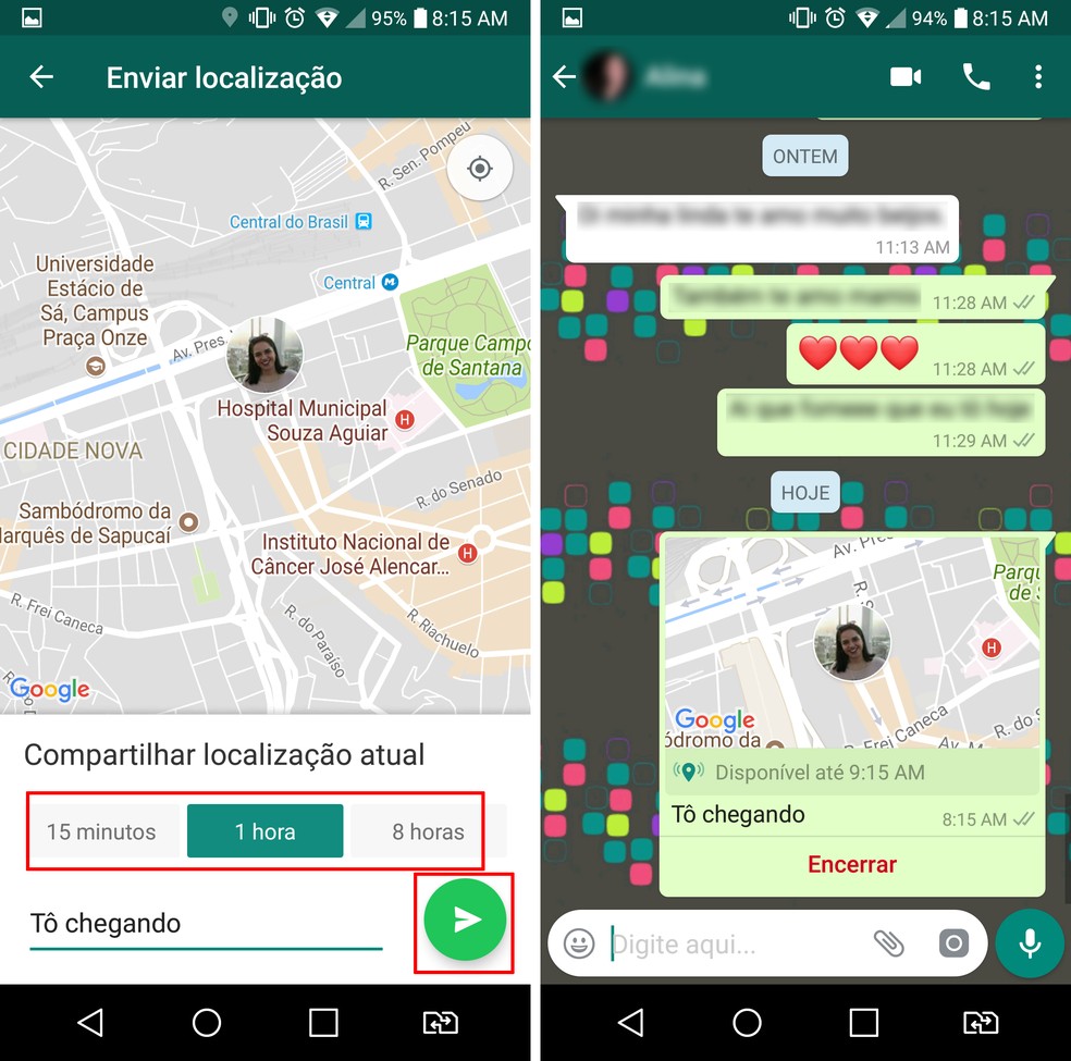 Compartilhando a localização no WhatsApp (Foto: Reprodução/Aline Batista)