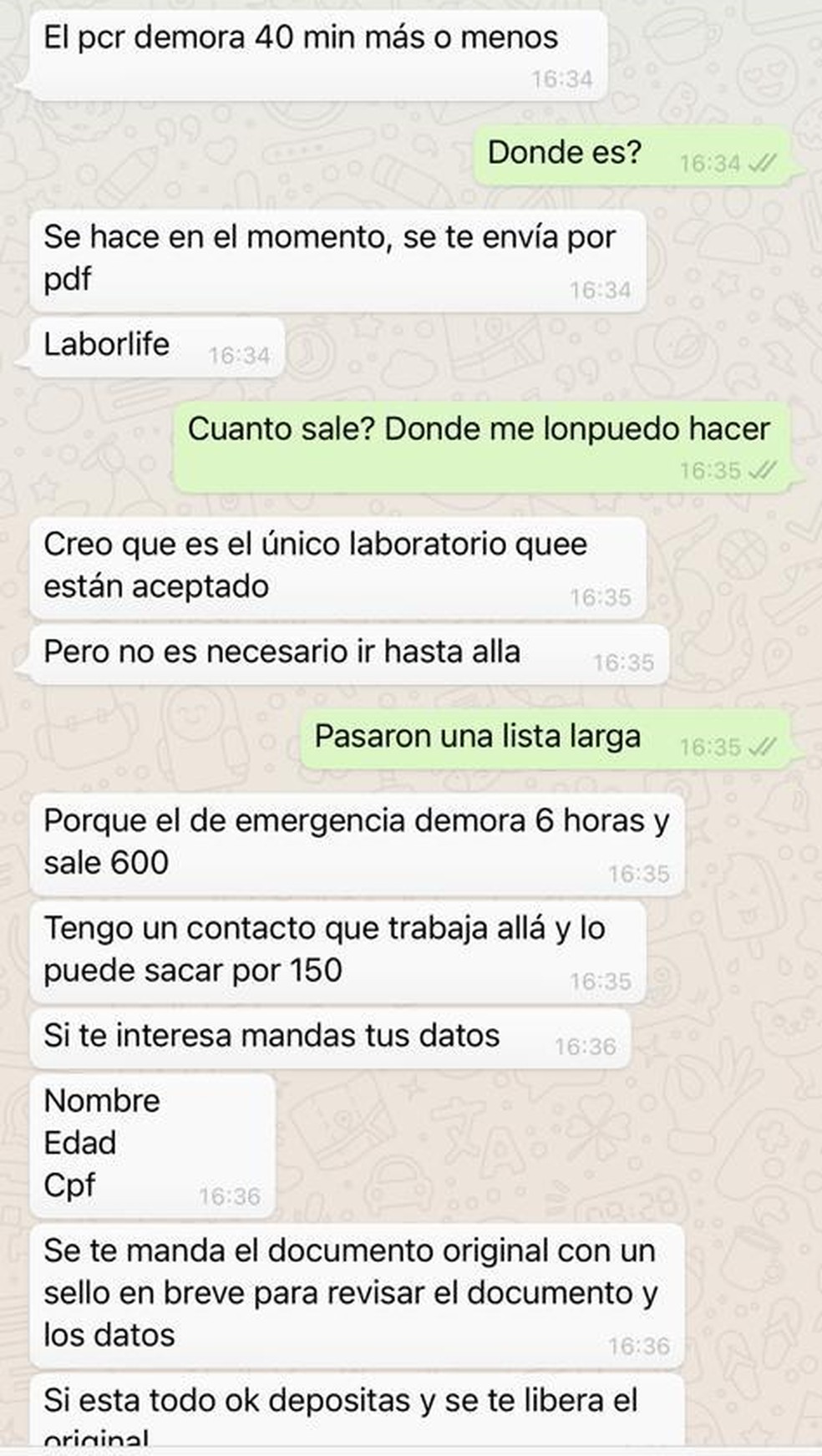 Mensagem do falsificador que prometia exames por R$ 150  — Foto: Reprodução