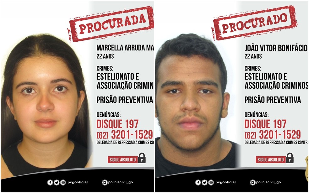 Marcela Arruda e João Vitor Bonifácio estão foragidos por golpes de R$ 3 milhões com criptomoedas e apostas em Goiânia, Goiás — Foto: Divulgação/Polícia Civil