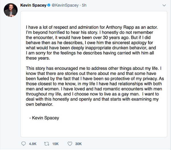 A declaração do ator Kevin Spacey (Foto: Twitter)