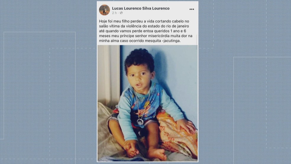 Pai de bebê de um ano e meio morto com um tiro quando cortava o cabelo em salão em Mesquita homenageou o filho na internet — Foto: Reprodução/ TV Globo