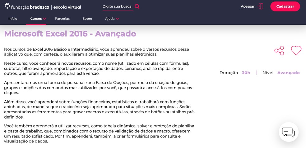 Fundação Bradesco oferece curso de excel avançado gratuito — Foto: Reprodução/Função Bradesco