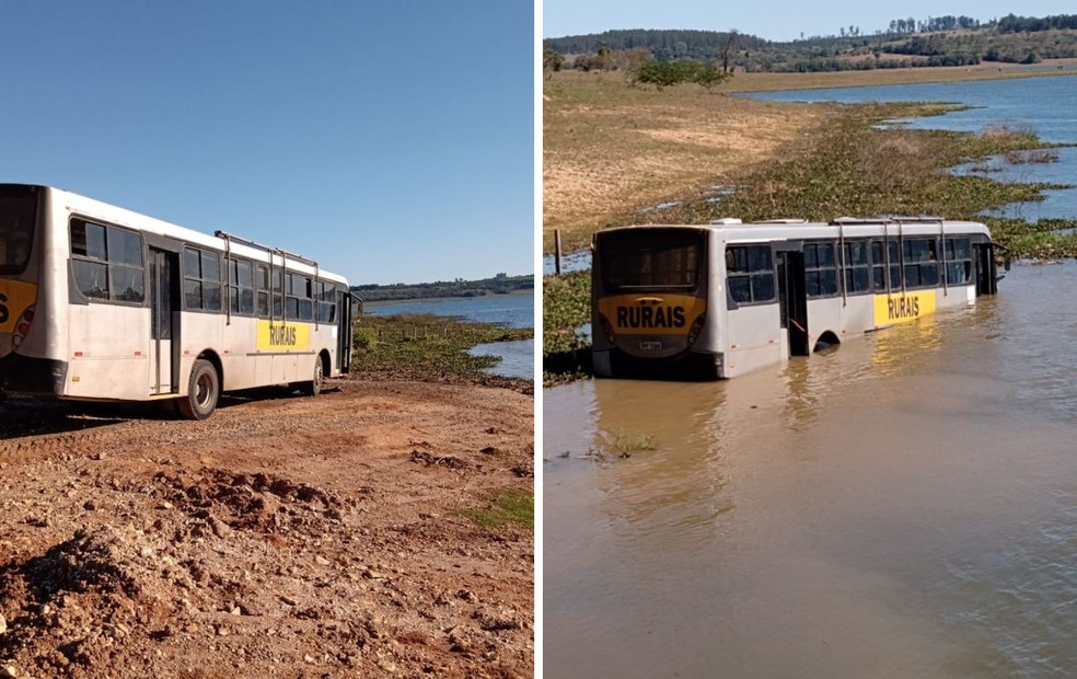 Mesmo com a manobra, o ônibus entrou no rio e parte da frente dele ficou submersa em Itatinga — Foto: Arquivo pessoal 