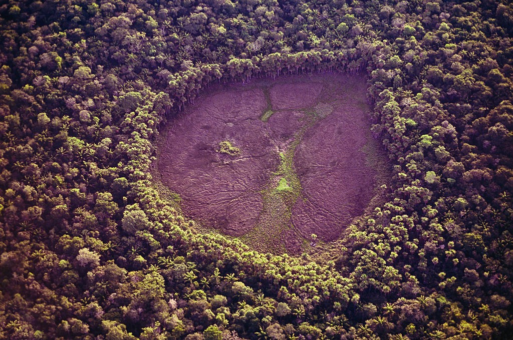 AMAZON RAINFOREST, RORAIMA STATE, BRAZIL - 2015/02/20: Aerial view of drought at Amazon rainforest, former flooded area - wetland in the shape of a heart - currently dry, surrounded by dense forest. Roraima State, north Brazil. (Photo by Lena Trindade/Bra (Foto: LightRocket via Getty Images)