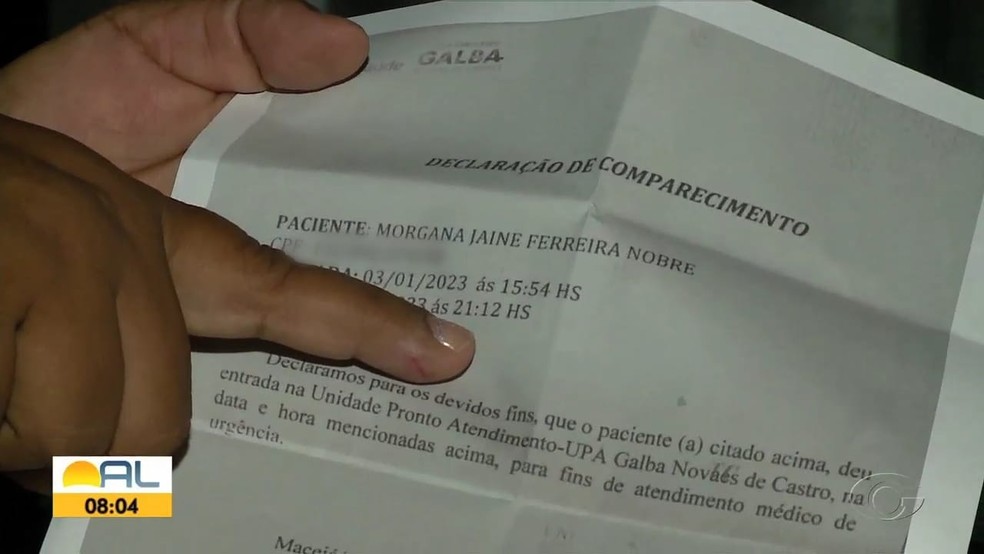 Paciente mostra que esperou mais de 5 horas por atendimento na UPA em Maceió — Foto: Reprodução/TV Gazeta