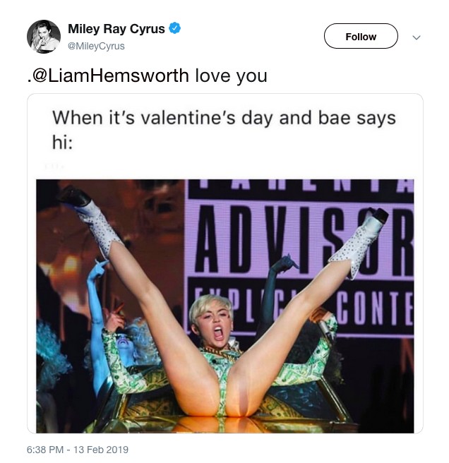 O meme polêmico compartilhado por Miley Cyrus com a mensagem picante direcionada ao marido (Foto: Twitter)