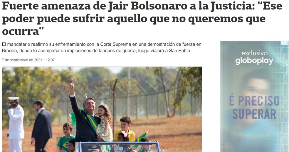 Imagem do jornal 'La Nación' sobre as manifestações pró-Bolsonaro, em 7 de setembro de 2021 — Foto: Reprodução/La Nación