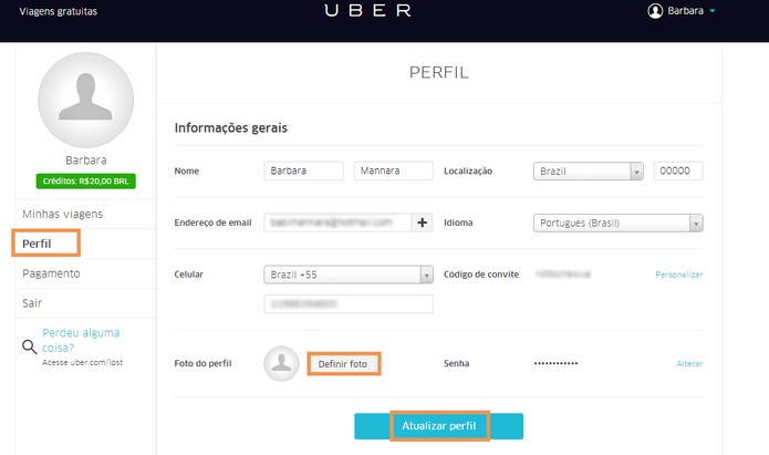 Altere as informações do perfil no Uber pelo computador (Foto: Reprodução/Barbara Mannara)