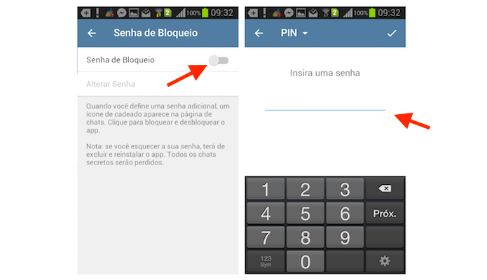 Ativando o bloqueio por senha do Telegram no Android (Foto: Reprodução/Marvin Costa)