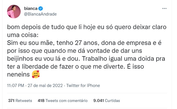 Bianca Andrade fala sobre beijos em João Guilherme (Foto: Reprodução/Twitter)
