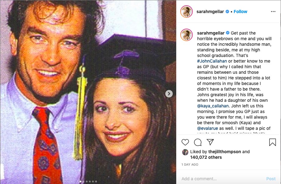 O post da atriz Sarah Michelle Gellar lamentando a morte do amigo e colega de profissão John Callahan (Foto: Instagram)