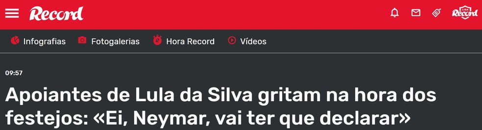 Provocação de apoiadores de Lula a Neymar foi notícia em Portugsl — Foto: Reprodução/Record