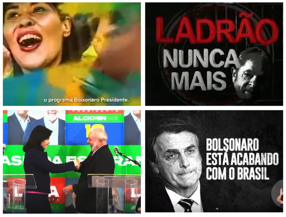 Reproduções de imagens das campanhas de Bolsonaro (acima) e de Lula mostram uso do preto e branco em ataques