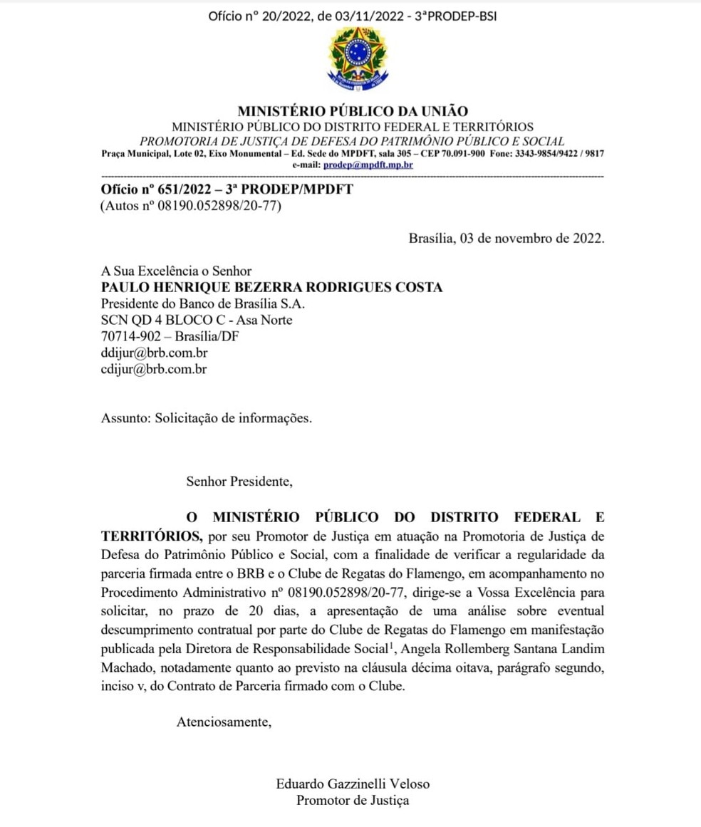 Of&iacute;cio do MPDFT questionando a diretoria do BRB sobre poss&iacute;vel infra&ccedil;&atilde;o ao contrato com o Flamengo &mdash; Foto: Reprodu&ccedil;&atilde;o