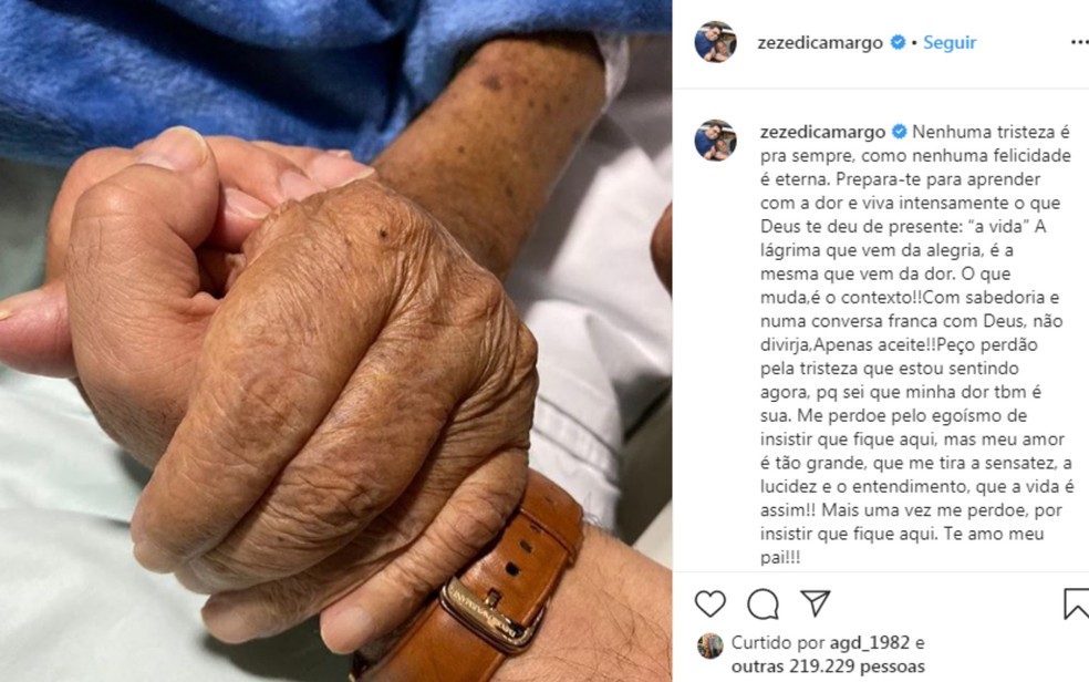 Mensagem publicada pelo cantor Zezé di Camargo em rede social, no sábado (15). — Foto: Reprodução/Instagram