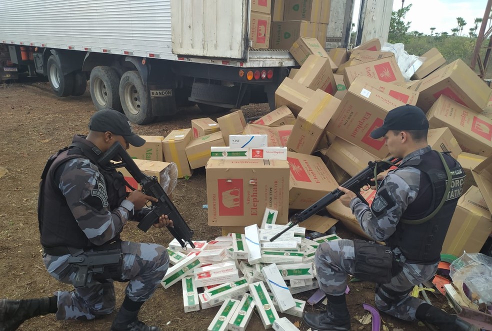 PM encontra caixas de cigarros contrabandeados em galpão e caminhões, em Batalha — Foto: Polícia Militar