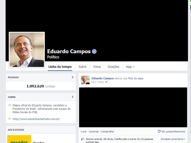 Perfil de Eduardo Campos no Facebook (foto) coloca foto de capa na cor preta em luto pela morte do candidato à presidência (Foto: Reprodução/Facebook)