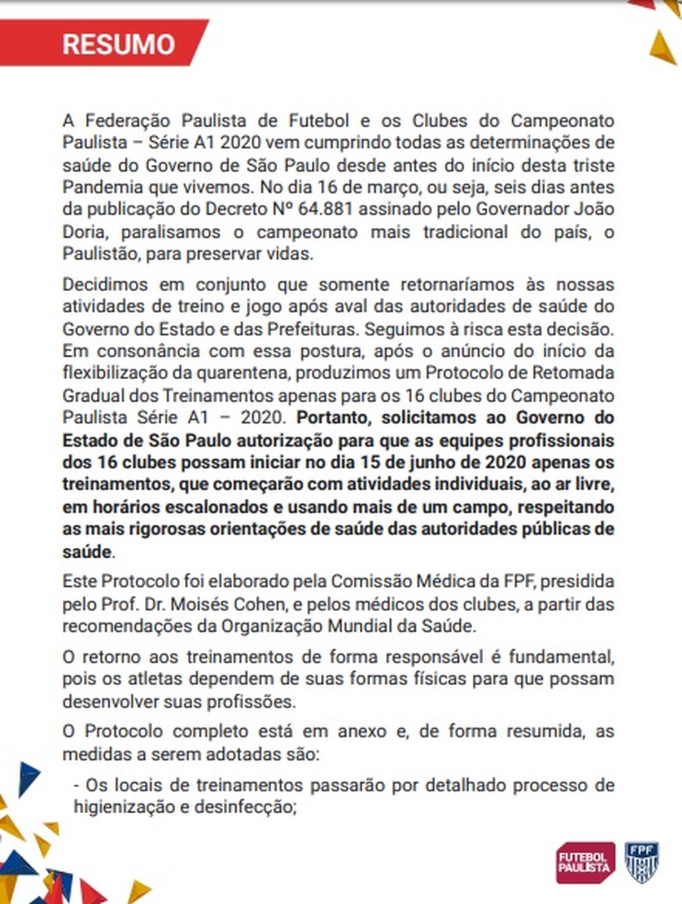 Pedido da FPF ao Governo do Estado de São Paulo — Foto: Reprodução