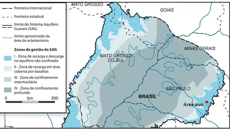Mapa mostra as diferentes formações do aquífero Guarani em SP; a 