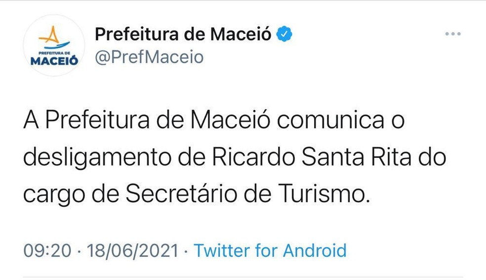 Prefeitura de Maceió comunica o desligamento de Ricardo Santa Ritta do cargo de secretário de Turismo, Esporte e Lazer — Foto: Reprodução