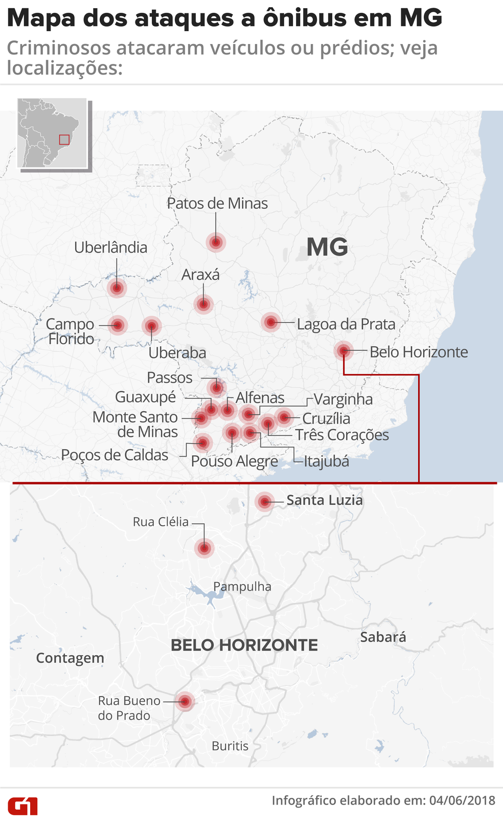 MAPA - locais dos ataques a Ã´nibus e prÃ©dios em MG (Foto: Juliane Monteiro/G1)