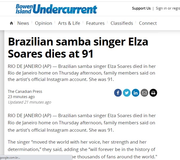 Morte de Elza Soares repercute no Bowen Island Undercurrent (Foto: Reprodução)
